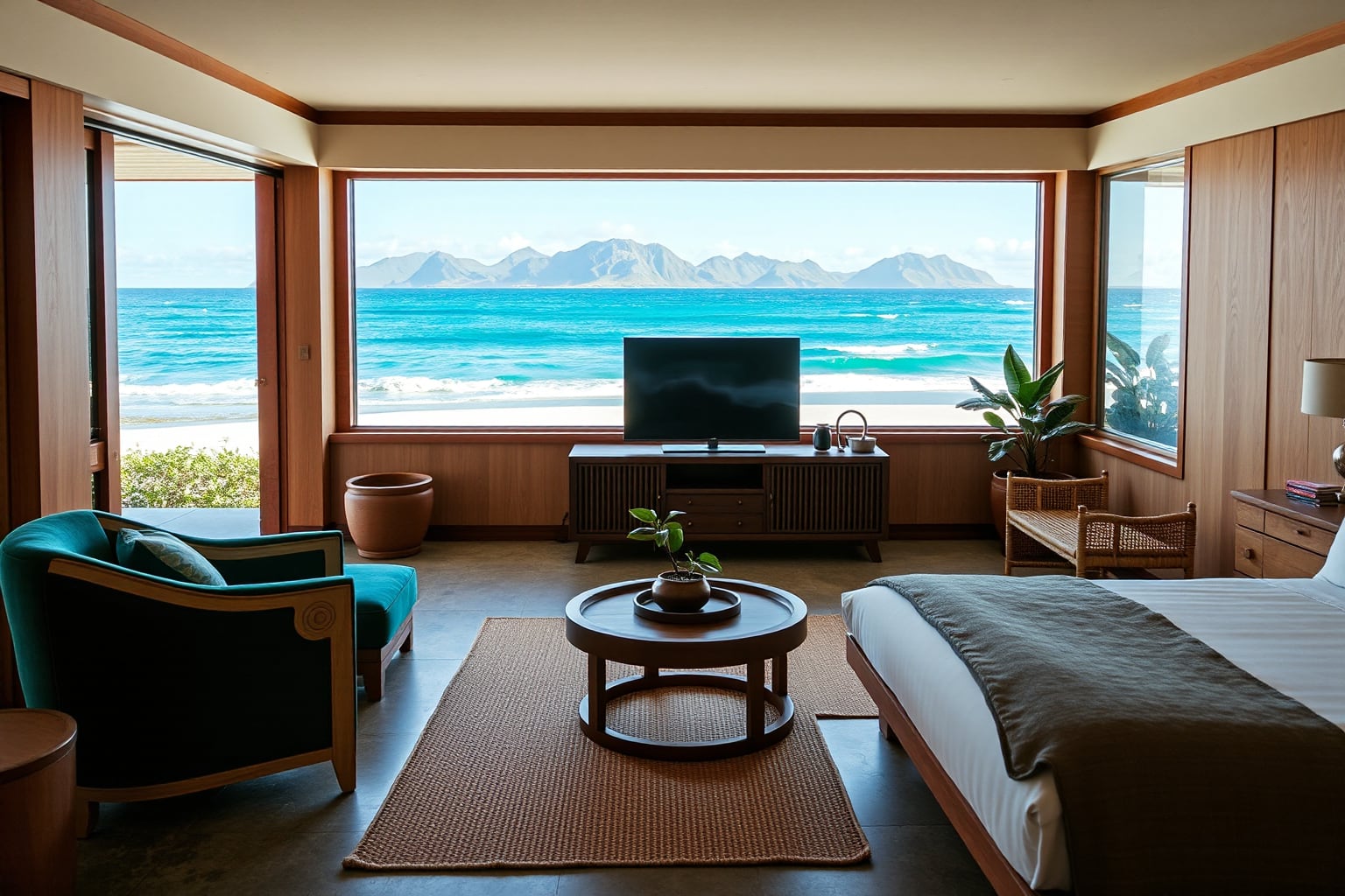 A tropical hotel suite furnished with Island pieces — teal velvet armchair, fluted media console, round walnut coffee table — with ocean waves and mountains through full-width windows
